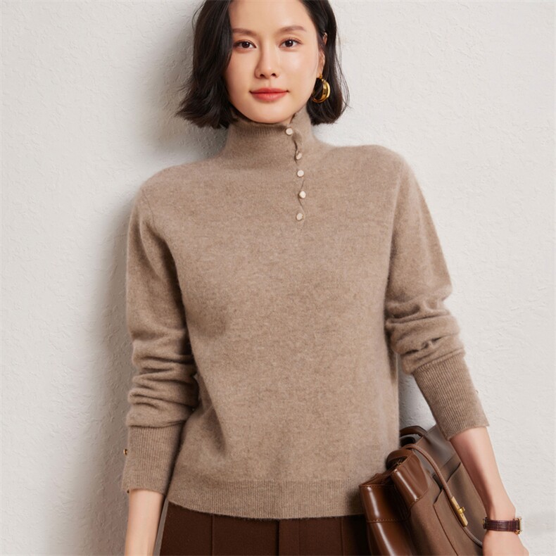时尚女士高领套衫优雅扭扣设计显瘦修身开叉袖,女装羊绒衫,臻维羊绒