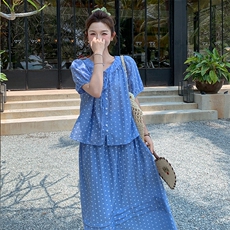 盐甜系度假风波点套装裙女2025夏新款短袖衬衫半身裙小个子两件套，女装套装/套裙，浙宝305