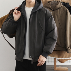 假两件羽绒服男士2025冬季潮流痞帅加厚连帽工装上衣男生外套
