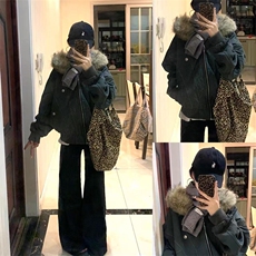 现货重磅boxy短款棉衣座山雕大毛毛领男女棉服水洗工装厚外套，男装棉衣，电商A443