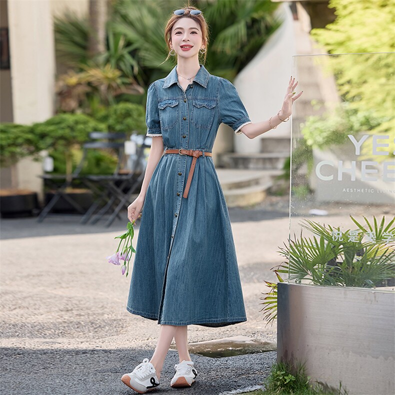 高级感薄款牛仔连衣裙女夏季2025新款收腰气质复古休闲短袖衬衫裙,女装连衣裙,E百度