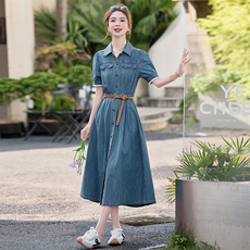 高级感薄款牛仔连衣裙女夏季2025新款收腰气质复古休闲短袖衬衫裙，女装连衣裙，E百度