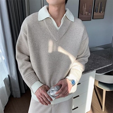 韩系复古加厚假两件polo领针织衫宽松保暖休闲毛衣513AMY2676P55，男装针织衫/毛衣，星座513A
