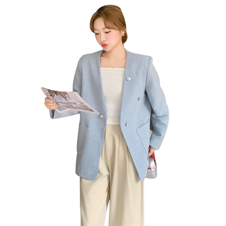 小香风亮片蓝色西装外套女春秋2025新款小个子高级感西服百搭超火,女装西装,2C169