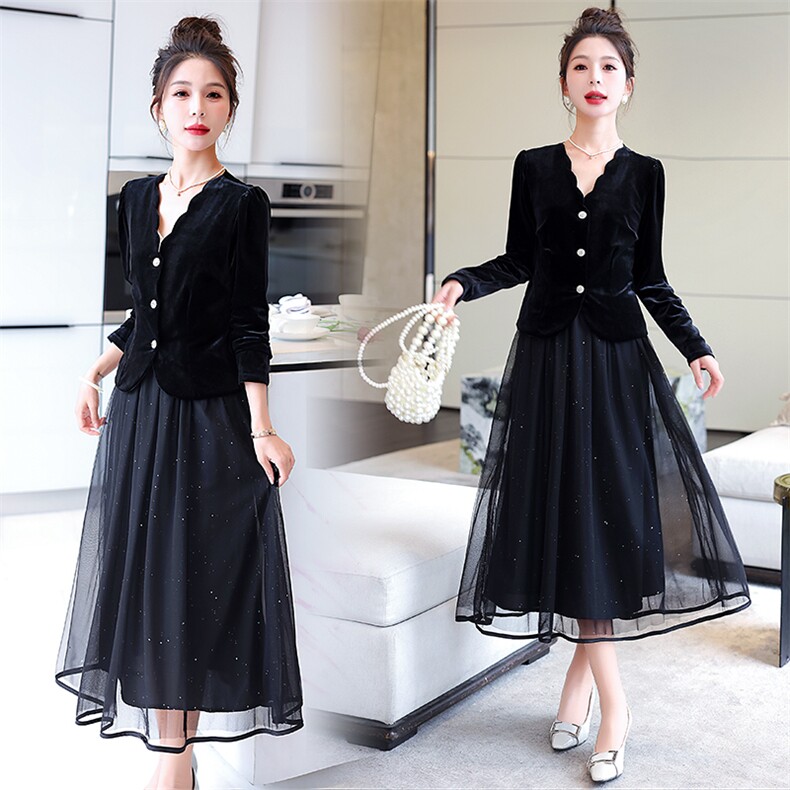 现货主推2024春装新GUO风bao款金丝绒网纱2件套半身裙连衣裙套裙，女装套装/套裙，星宇服饰