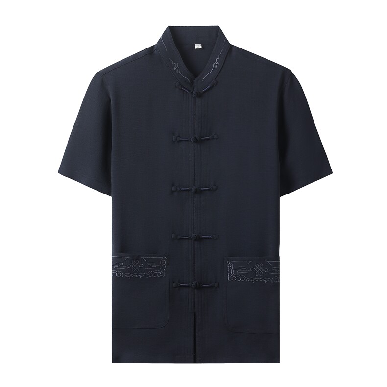 中老年棉麻套装高档唐装太极服中式刺绣立领短袖风时尚男夏装,男装中老年男装,钱塘723