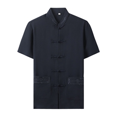 中老年棉麻套装高档唐装太极服中式刺绣立领短袖风时尚男夏装，男装中老年男装，钱塘723