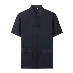 中老年棉麻套装高档唐装太极服中式刺绣立领短袖风时尚男夏装图片