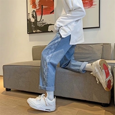 现货牛仔裤拼接蓝色嘻哈韩版休闲潮流直筒宽松老爹长裤nk760-p45，男装牛仔裤，星座1008