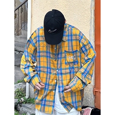 美式复古黄色格子长袖衬衫撞色刺绣字母男友风宽松外套多巴胺，男装衬衫，星座1210-1