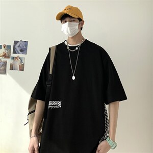 新款港风短袖T恤字母印华棋盘格拼接宽松ns潮牌上衣TC3109-P28图片