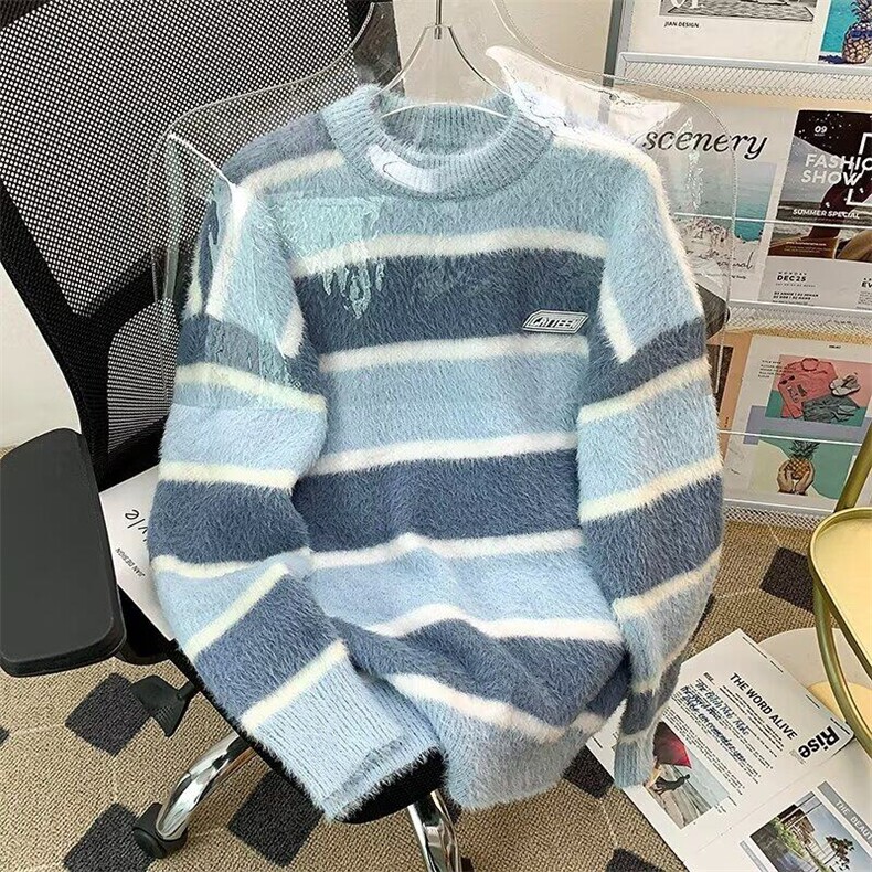 日系学院风撞色条纹马海毛毛衣女小众软糯系针织衫上衣MZ781-P56,男装针织衫/毛衣,星座412-3