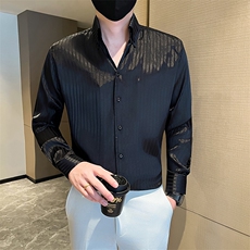 店主风条纹大V领条纹衬衫社会小伙痞帅衬衣301A-1/CS610/P55，男装衬衫，星座301A-1