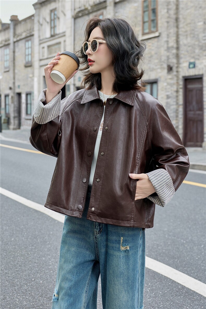 小个子韩系休闲皮衣外套女2025春秋新款时尚百搭显瘦长袖夹克上衣,女装皮衣,英标秀（1C119）