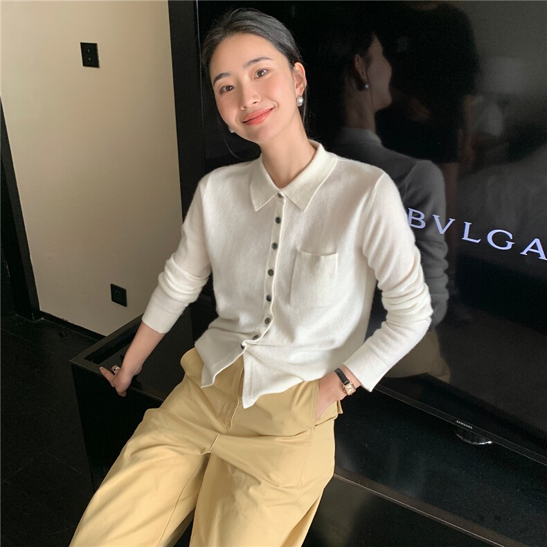 2025秋冬百搭时尚简约秋冬polo领纽扣开衫针织衫,女装羊绒衫,玛卡隆羊绒