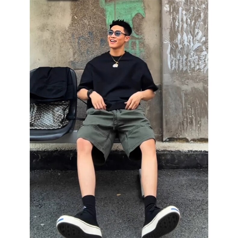 网图慎用短裤男夏季潮牌高级感纯棉宽松休闲五分裤310A-DK18-P30,男装牛仔裤,四季星座310A