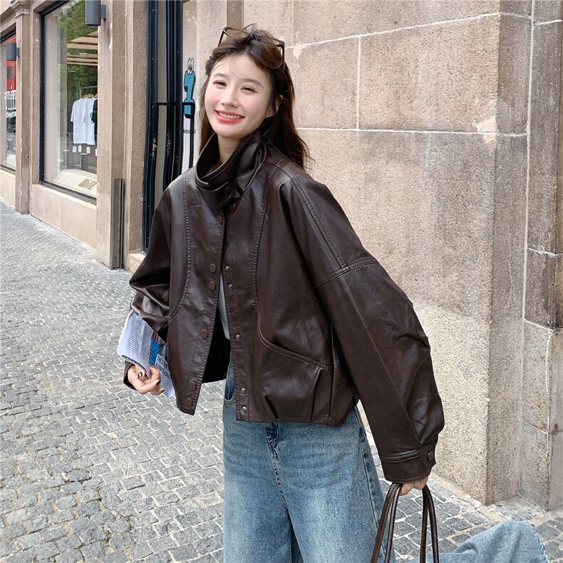 时髦复古时尚休闲皮衣外套女2025年秋季新款韩系宽松气质显瘦夹克，女装皮衣，蝶眷