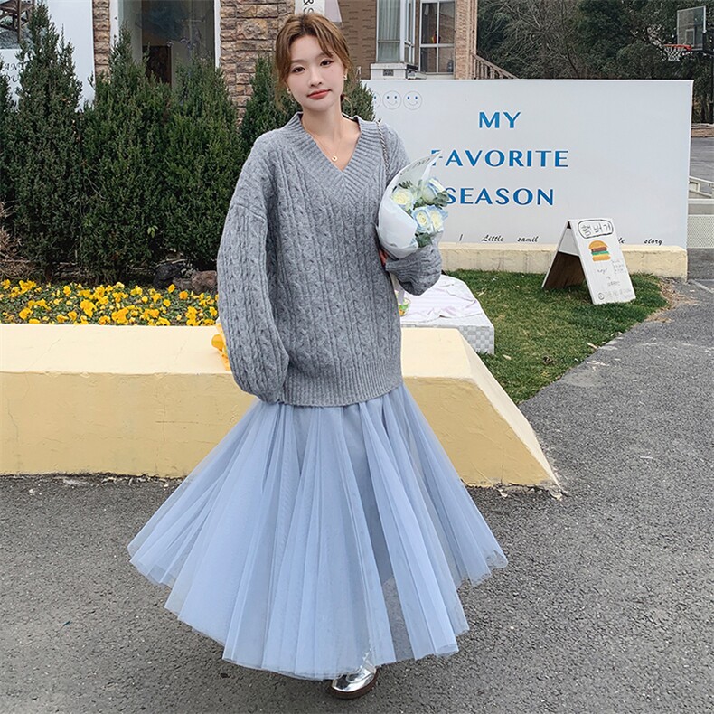 2025年春季V领毛衣网纱半裙两件套-款号5803-P155-K218,女装套装/套裙,浙宝305