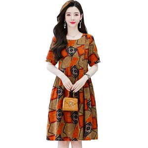 【现货】连衣裙夏中长款短袖口袋修身显瘦气质复古花纹印花，女装连衣裙，妃曼