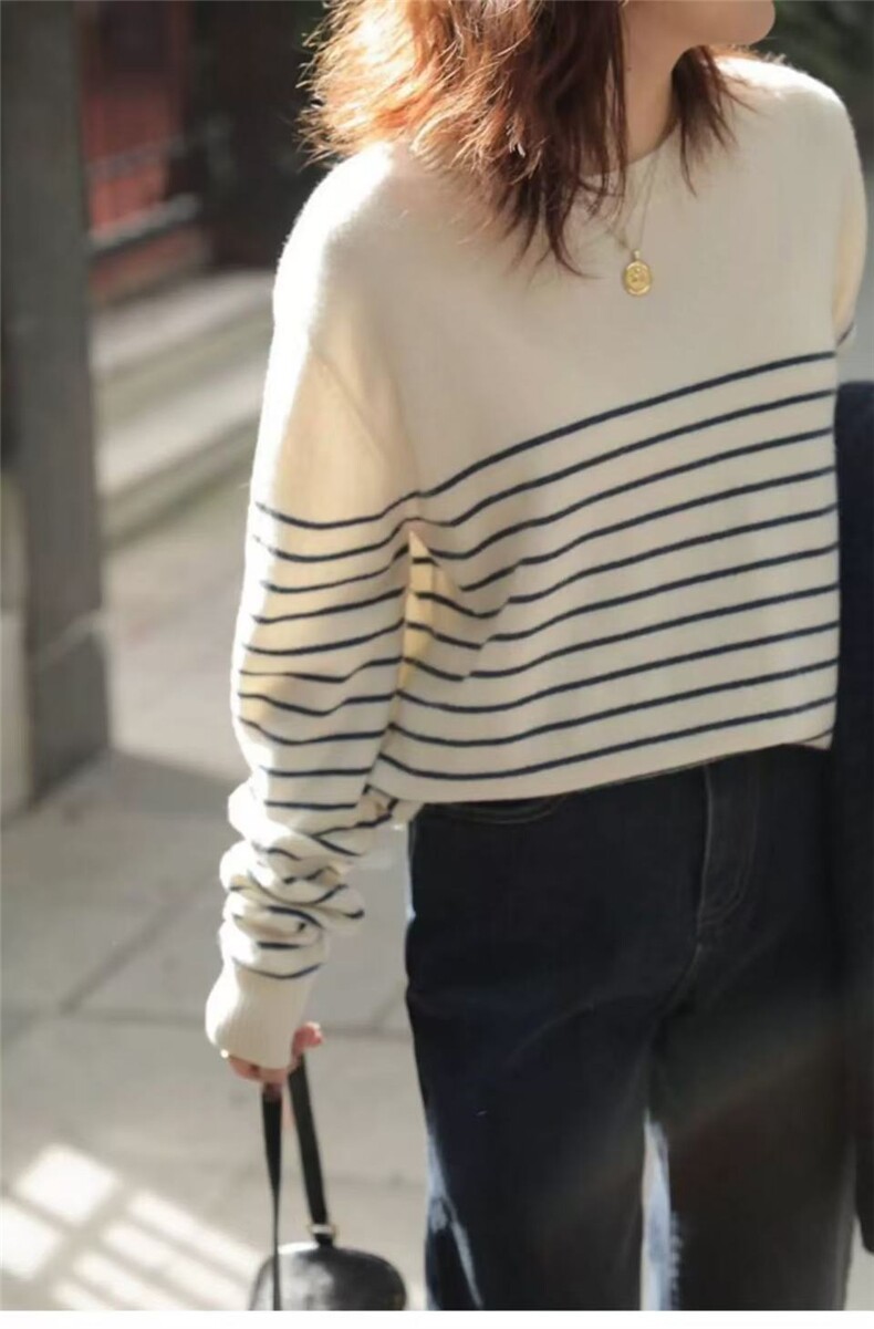 2025年女士通勤百搭简约春季新款条纹打底衫,针织衫/毛衣,忠诺羊绒