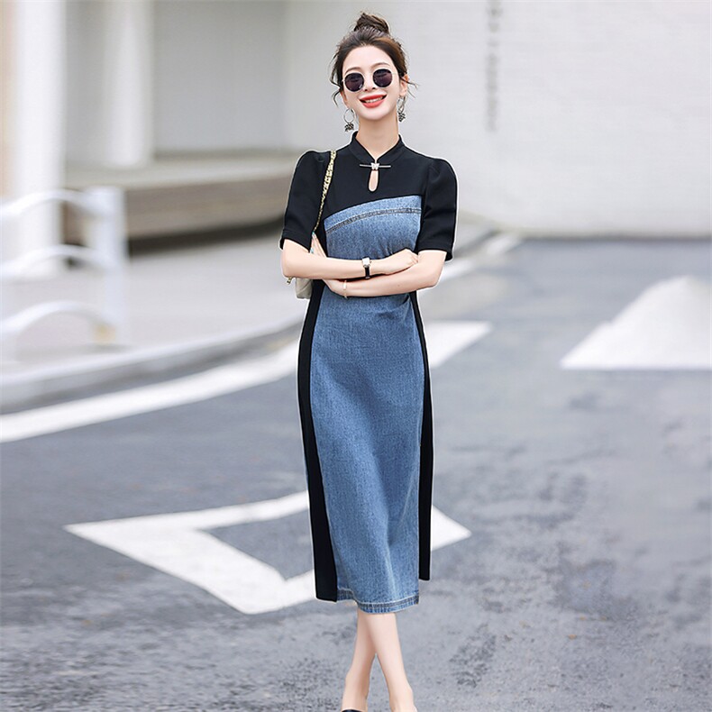 优雅气质收腰显瘦连衣裙女夏季牛仔拼接设计感小众裙子2025新款潮,女装连衣裙,C位