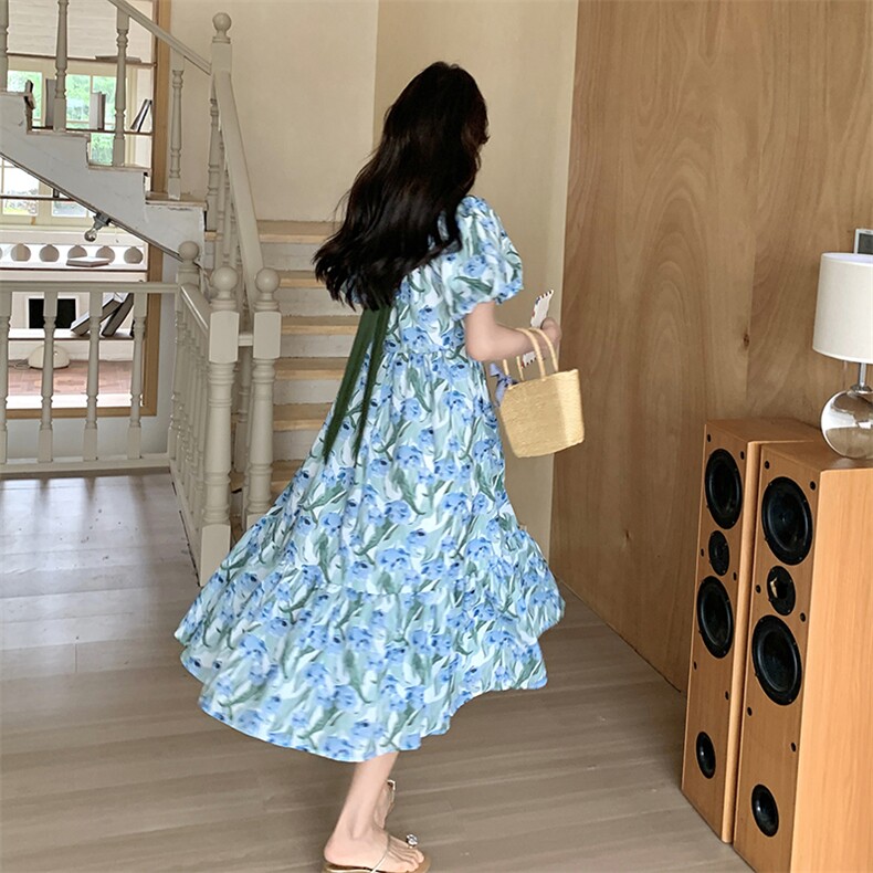 后背蝴蝶结蓝色碎花连衣裙女夏法式茶歇极简钓系约会裙度假仙女裙,女装连衣裙,2C262