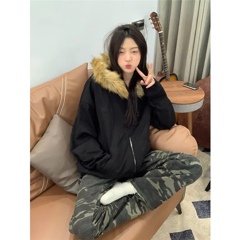 1506-1/WF061/P62复古宽松简约连帽开衫卫衣男女港风情侣毛领上衣,男装卫衣,星座1506-1