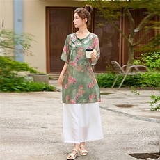 现货！夏季新款2025印花盘扣套装女时尚休闲气质宽松两件套套裤，女装套装/套裙，涵墨