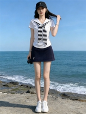 女夏时尚洋气套装裙修身减龄翻领设计感甜美蝴蝶结短袖短裙两件套，女装套装/套裙，江南