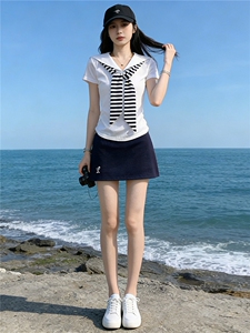 女夏时尚洋气套装裙修身减龄翻领设计感甜美蝴蝶结短袖短裙两件套图片