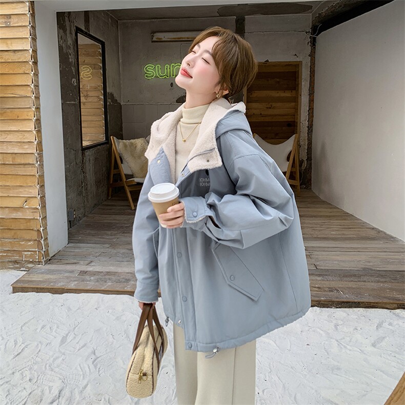 浅蓝色短款连帽棉服女韩系新款派克服保暖棉衣外套6110P215K328,女装棉衣/棉服,维壹