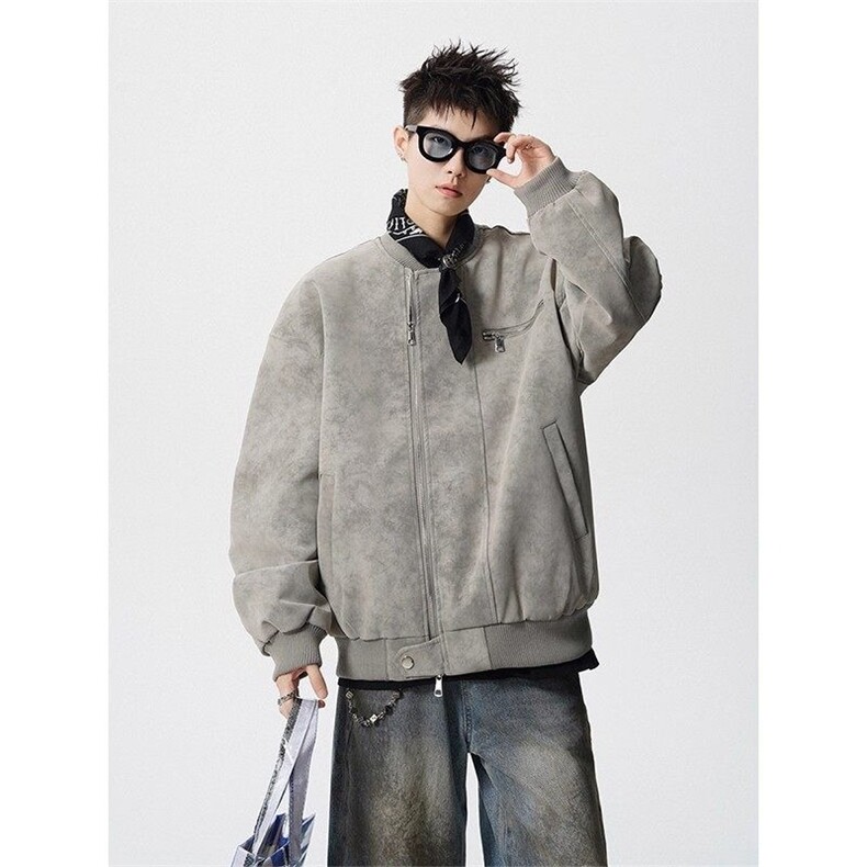 美式vintage棒球服男秋高街痞帅扎染皮夹克设计感短款工装外套潮,男装夹克,星座813-2