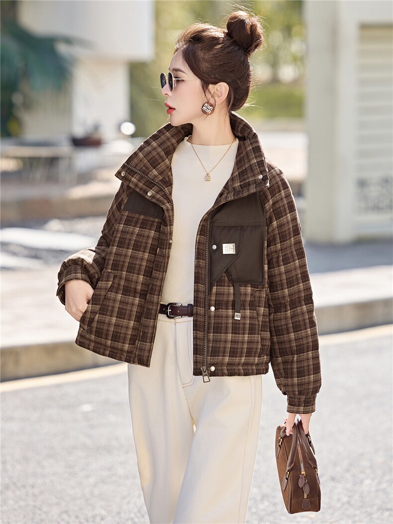 小个子羽绒服女2025冬季新款连帽复古格纹加厚保暖短款格子外套,女装羽绒服,意芙