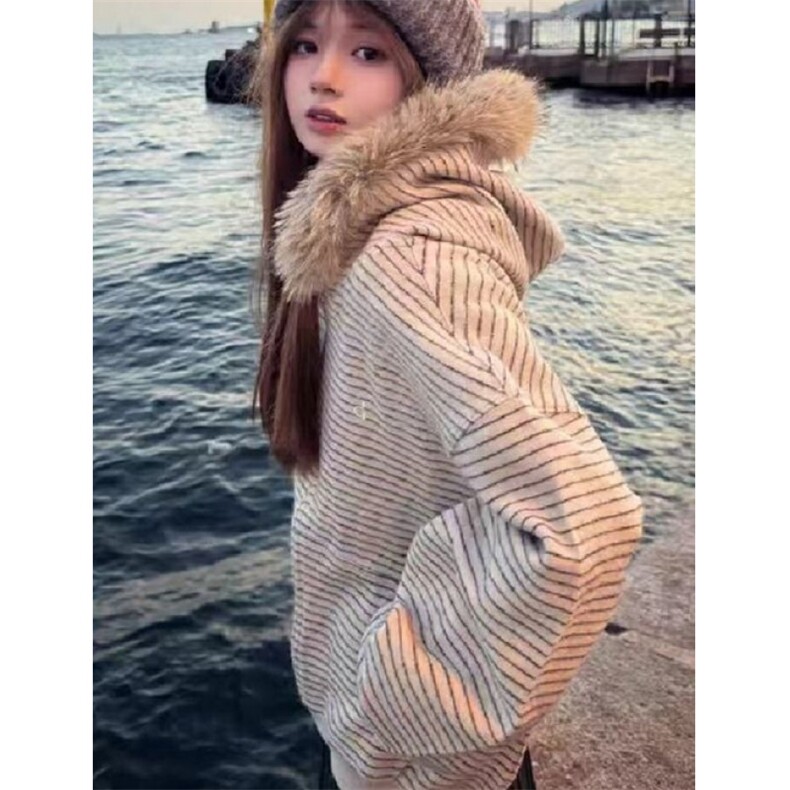 条纹连帽卫衣外套女秋冬季宽松毛领拉链开衫加厚上衣W9039,女装短外套,星座1116A（原606A-3）