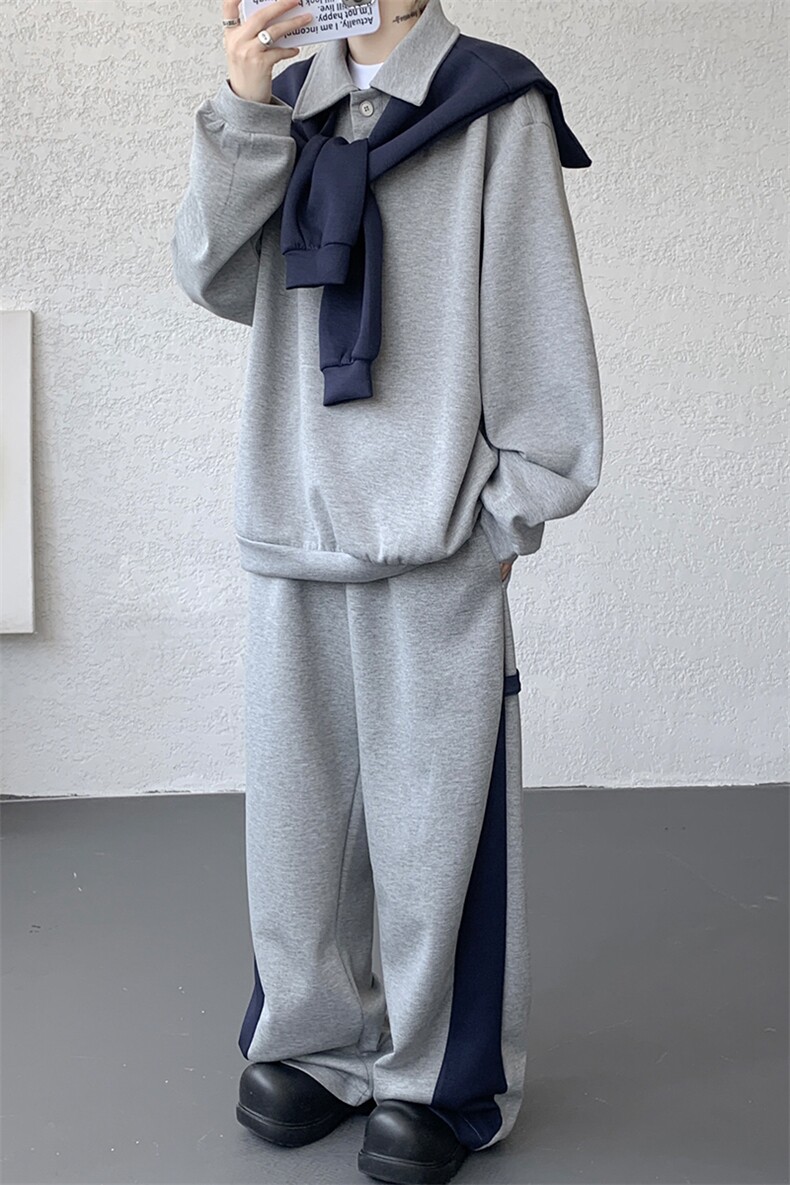 5XL-M潮流高级感披肩撞色拼接翻领百搭卫衣宽松弯刀长裤TZ113P118,男装休闲套装,电商D206-1