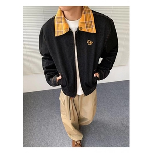 美式复古格子拼接牛仔外套男女2025春秋冬新款设计高级感工装夹克图片