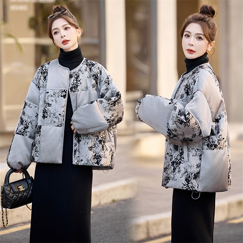 新中式g风提花拼接保暖羽绒服女2025冬季新款水墨画宽松加厚外套，女装羽绒服，曼娅璐