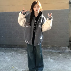美式高街徽章拼接撞色棒球服外套男女春季潮牌情侣刺绣宽松夹克，男装夹克，星座601-1
