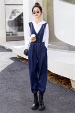 时尚显瘦牛仔背带连体裤女宽松高腰减龄休闲长裤百搭学生工装裤，女装连体裤，秋水欣儿