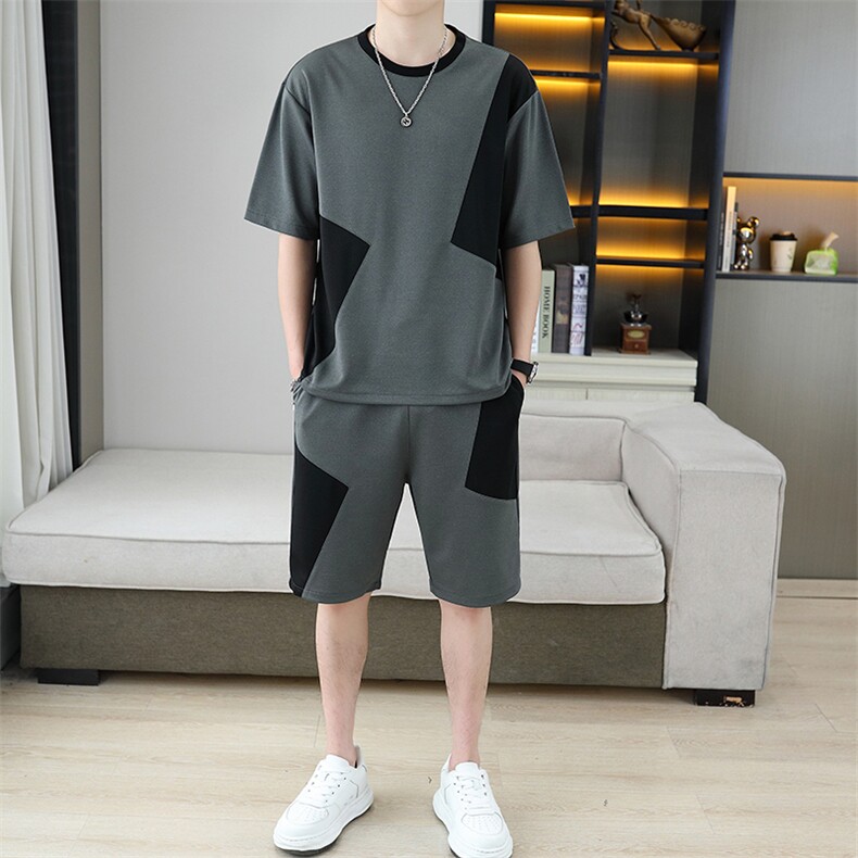 新款高档休闲套装男夏季潮牌时尚男装网红帅气宽松T恤短裤两件套，男装休闲套装，星座1801