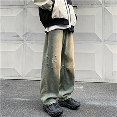 水洗黄泥染牛仔裤男秋季美式潮牌嘻哈宽松阔腿裤GN236-P42，男装牛仔裤，星座1001-1