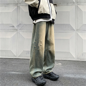 水洗黄泥染牛仔裤男秋季美式潮牌嘻哈宽松阔腿裤 GN236-P42图片