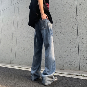 夏季薄款水洗牛仔裤做旧复古宽松休闲新款微喇裤图片