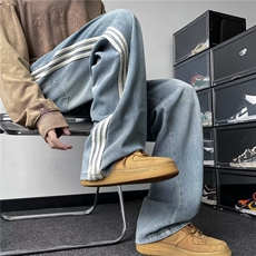 潮牌hiphop条纹三杆牛仔裤男高街ins潮流痞帅宽松垂感阔腿老爹裤，男装牛仔裤，星座601-2
