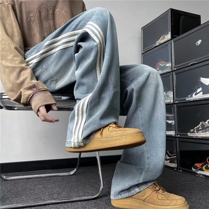 潮牌hiphop条纹三杆牛仔裤男高街ins潮流痞帅宽松垂感阔腿老爹裤图片