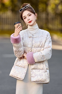 复古提花国风羽绒服女2024冬季新款气质小香风毛毛拼接白鸭绒外套图片
