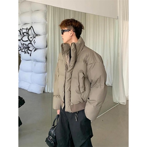 现货5W件冬季三防重磅硬挺boxy短款羽绒立领PU皮棉衣外套加厚棉服图片