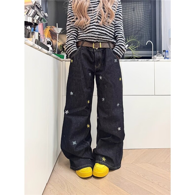 大码胖MM美式黑蓝色牛仔裤女春季新款高腰宽松垂感阔腿裤子图片