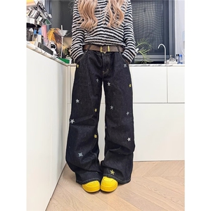 大码胖MM美式黑蓝色牛仔裤女春季新款高腰宽松垂感阔腿裤子图片