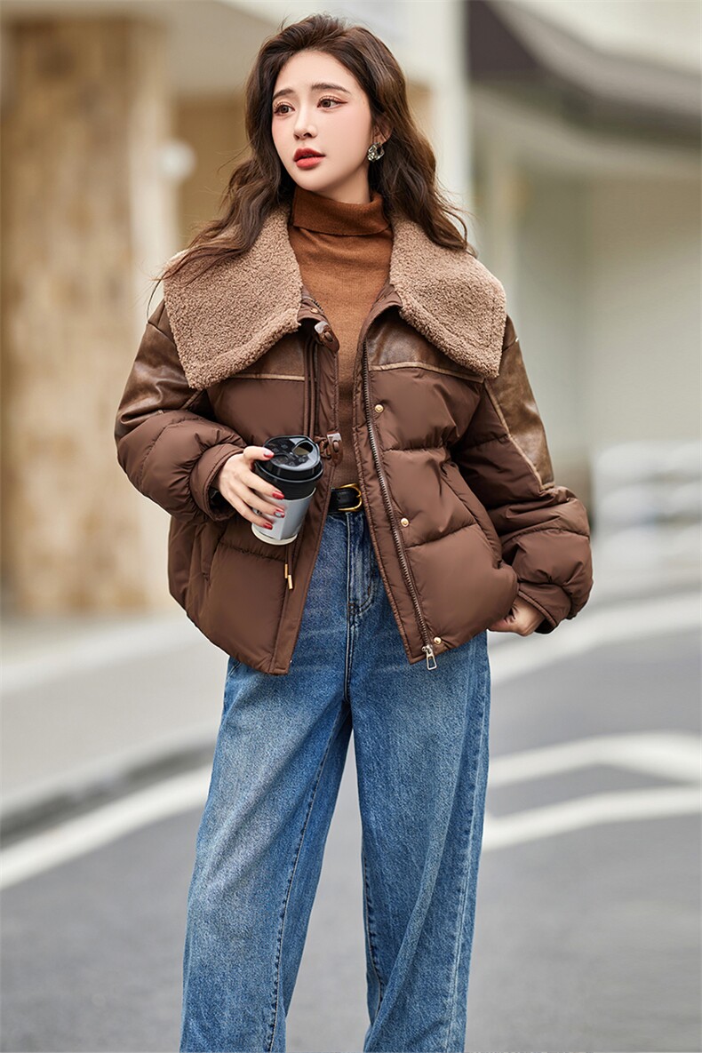 现货2023年冬季新款羊羔绒PU皮拼接加厚羽绒服大翻领宽松短外套女,女装羽绒服,仟媚宠